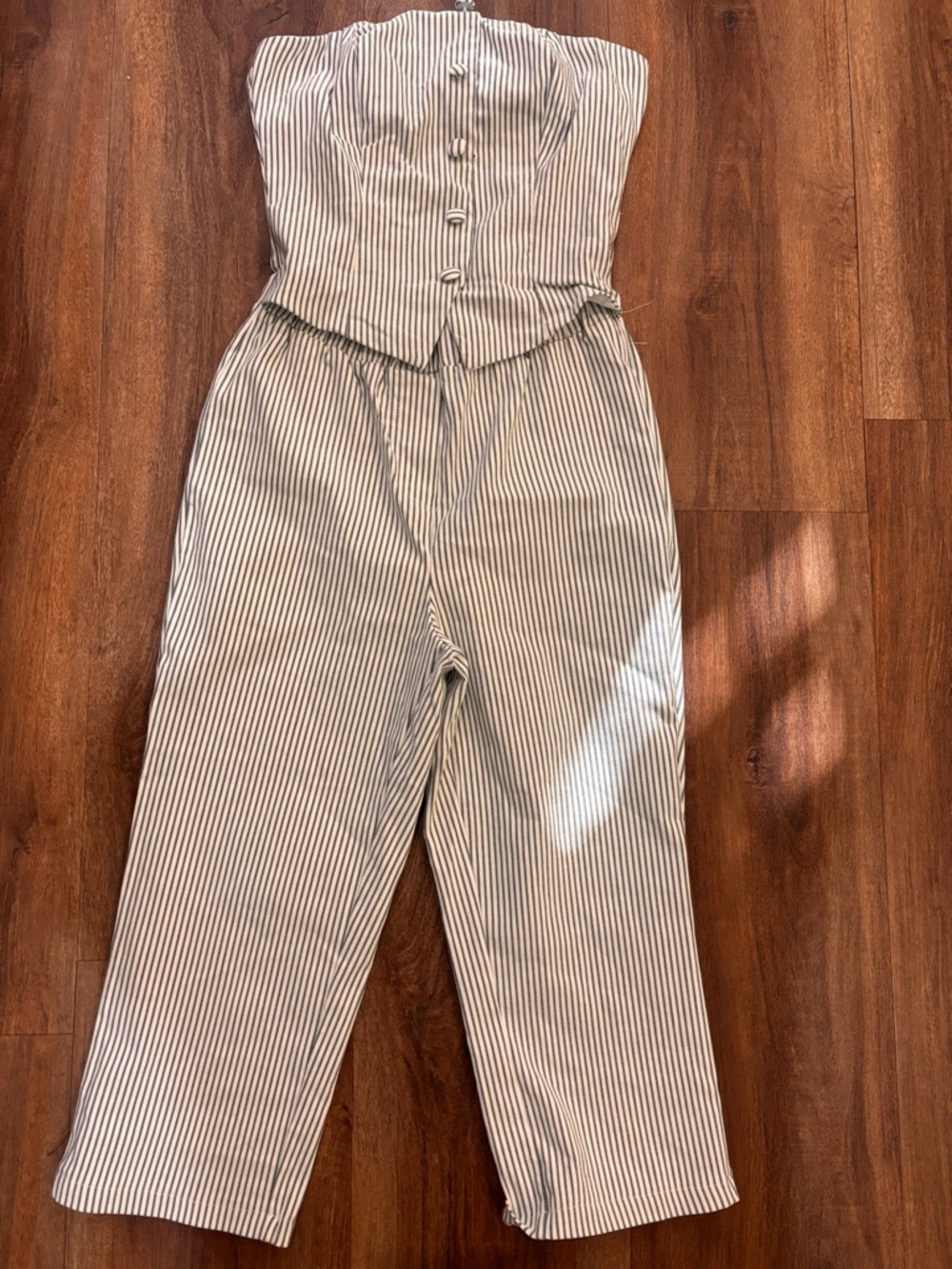 Fashion Nova Strapless Pinstripe Jumpsuit in Cream and Black